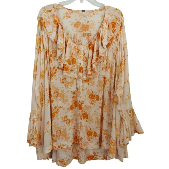 Free People Floral Tunic Top Size Small Ruffles Pockets Feminine Boho Romantic - Picture 2 of 13